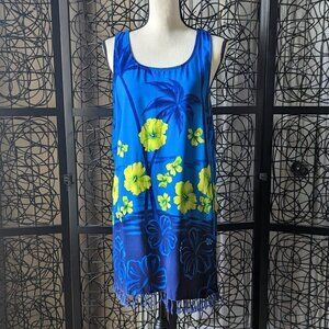 Beach Cabana Large 12-14 blue sleeveless dress yellow green Hawaiian flowers